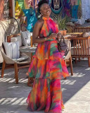 Summer Fashionable Halter Tie-Dye Puffy Cake Long Dress