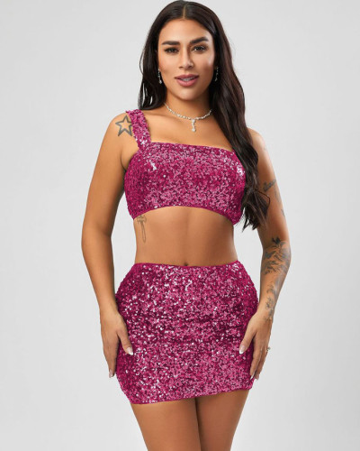 Women's Sexy Bodycon Sequined Mini Skirt 2-Piece Set
