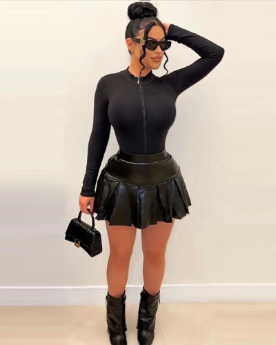 Women long sleeve bodysuit leather skirt two piece suit