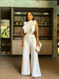 Solid color round neck ruffled elastic waist ladies wide leg jumpsuit
