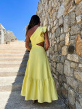Pure yellow one-shoulder elegant A-line long dress for women