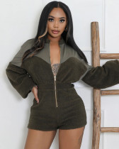 Fashion zipper long sleeve shorts slim fit rompers jumpsuit