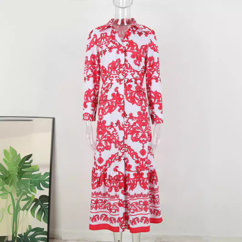 Women's Red Printed High Waist Elegant Long Dress