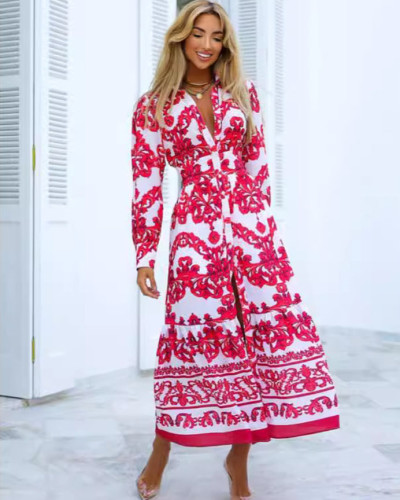 Women's Red Printed High Waist Elegant Long Dress