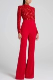 Women's solid color floral lace long sleeve formal jumpsuit with belt