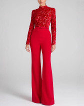 Women's solid color floral lace long sleeve formal jumpsuit with belt