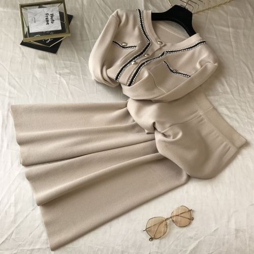 Women's knitted cardigan top wide-leg pants two-piece set