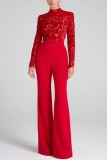 Women's solid color floral lace long sleeve formal jumpsuit with belt