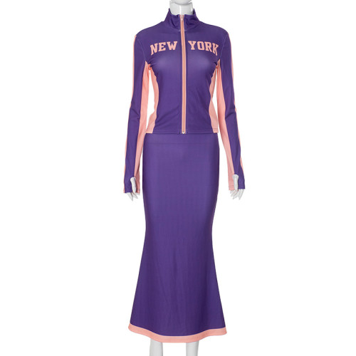Autumn letter zipper sports two-piece long skirt set
