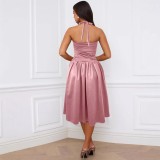 Autumn tie backless midi dress sexy halter neck sleeveless dress