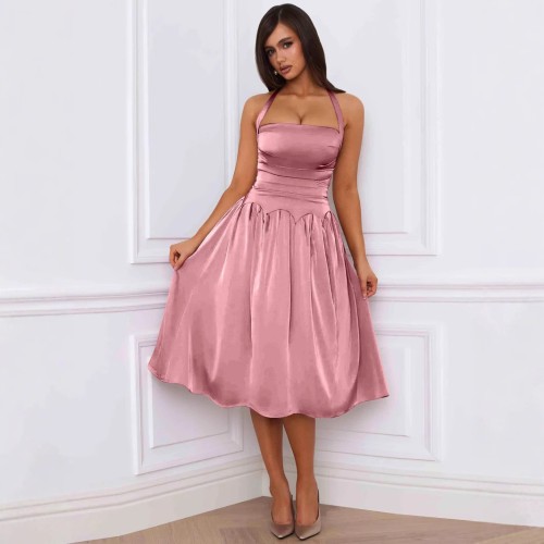 Autumn tie backless midi dress sexy halter neck sleeveless dress