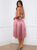 Autumn tie backless midi dress sexy halter neck sleeveless dress