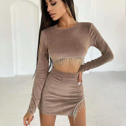 Autumn women's tassel sexy long sleeve crop top irregular skirt set