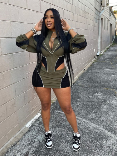 Autumn sexy sports style loose casual contrast color long-sleeved jacket and short skirt suit