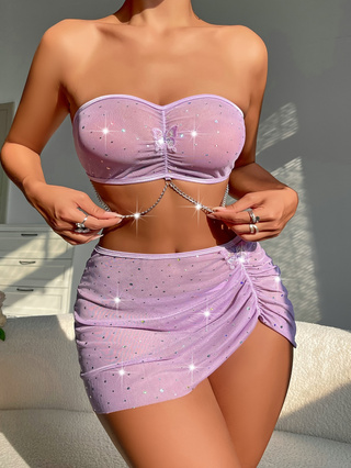 Sexy purple sheer rhinestones lingerie set