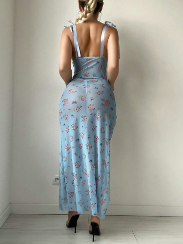 Sexy blue mesh floral sheer long nightgown set