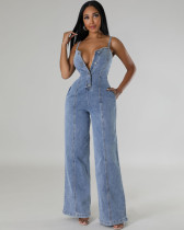 Casual Sexy Suspender Denim Jumpsuit Wide Leg Pants