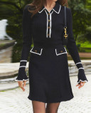 Contrast color slim fit knit elegant long dress