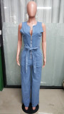 Tight waist stretch washed straight loose denim jumpsuit