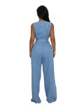Tight waist stretch washed straight loose denim jumpsuit