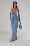 Casual Sexy Suspender Denim Jumpsuit Wide Leg Pants