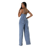 Casual Sexy Suspender Denim Jumpsuit Wide Leg Pants