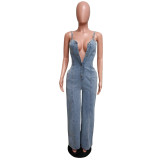 Casual Sexy Suspender Denim Jumpsuit Wide Leg Pants