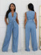 Tight waist stretch washed straight loose denim jumpsuit