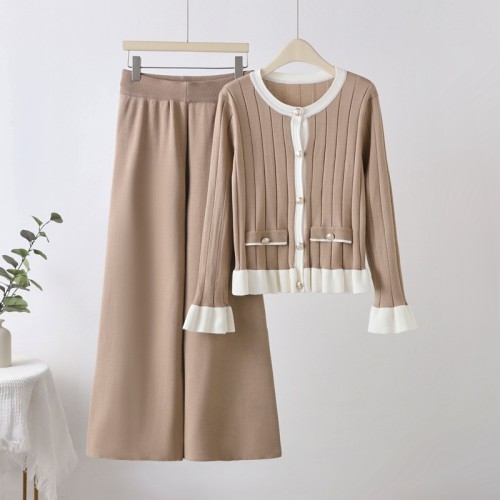 Women's knitted cardigan top wide-leg pants two-piece set