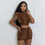 Women's velvet patchwork leather sexy miniskirt suit