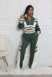 Women's autumn and winter high collar zipper top two-piece set patchwork color trousers suit