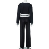 Women's autumn and winter high collar zipper top two-piece set patchwork color trousers suit