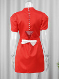 Solid color half turtleneck short sleeve white dress