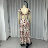 Women sexy V-neck ruffled print dress
