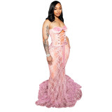 Women's lace-up see through lace evening dress