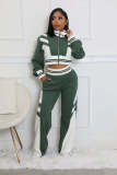 Women's autumn and winter high collar zipper top two-piece set patchwork color trousers suit