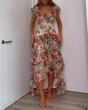 Women sexy V-neck ruffled print dress