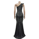 Women's solid color diamond oblique collar long evening dress