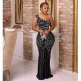 Women's solid color diamond oblique collar long evening dress