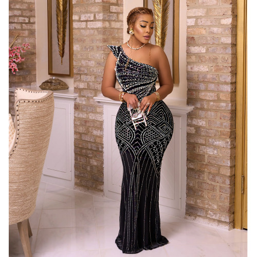 Women's solid color diamond oblique collar long evening dress