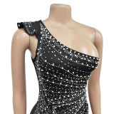 Women's solid color diamond oblique collar long evening dress
