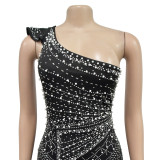 Women's solid color diamond oblique collar long evening dress