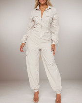 Solid color overalls elastic waist zipper jumpsuit