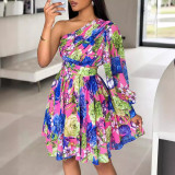Bohemian Print One-shoulder Long Sleeve Dress