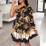 Bohemian Print One-shoulder Long Sleeve Dress
