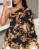 Bohemian Print One-shoulder Long Sleeve Dress