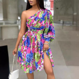 Bohemian Print One-shoulder Long Sleeve Dress