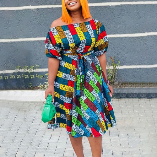 African Plus Size Maxi Dress with Tie Waist