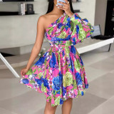 Bohemian Print One-shoulder Long Sleeve Dress