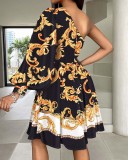 Bohemian Print One-shoulder Long Sleeve Dress